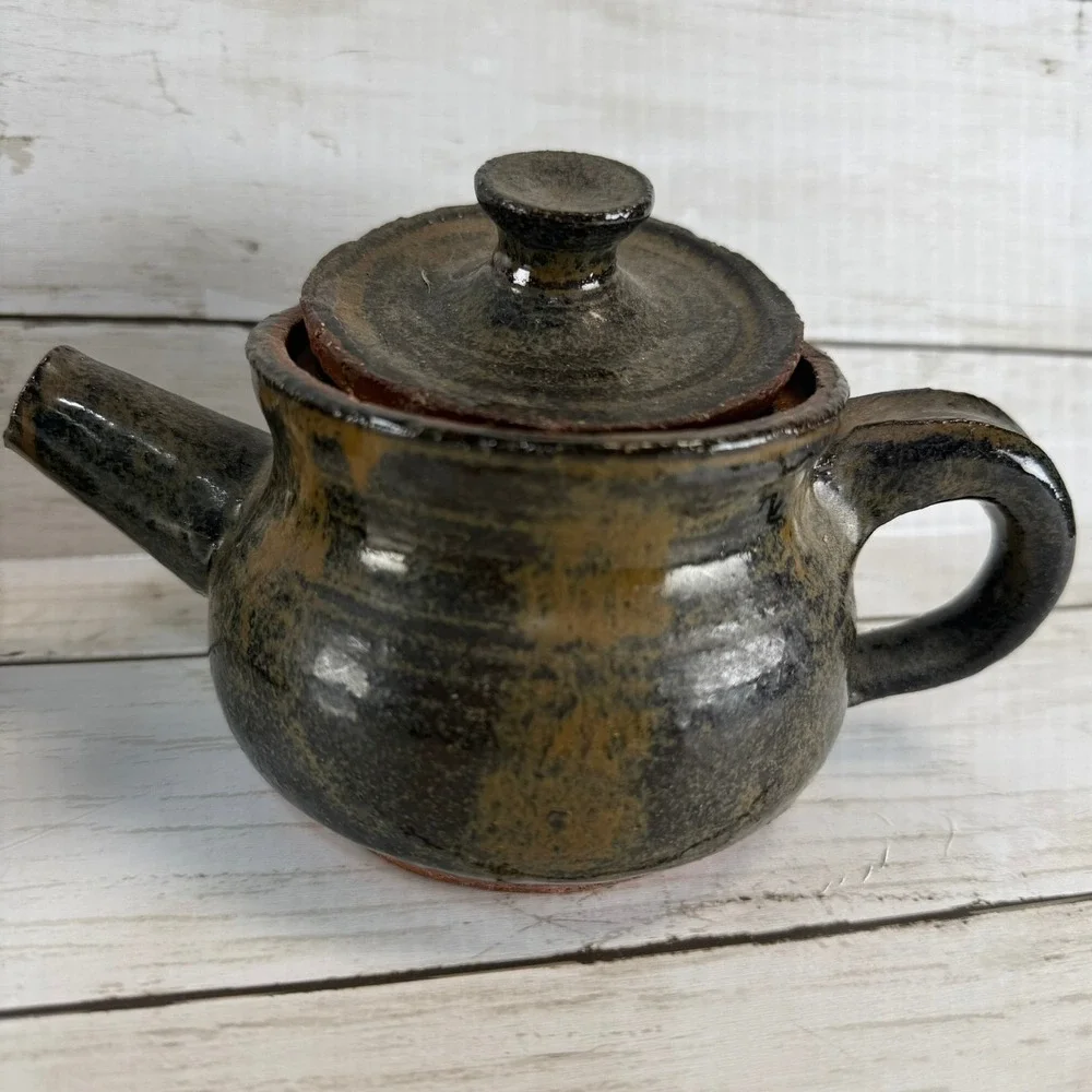 Vintage JC Studio Pottery‎ Tea Set Teapot Lidded Sugar Bowl Creamer Dark Glaze